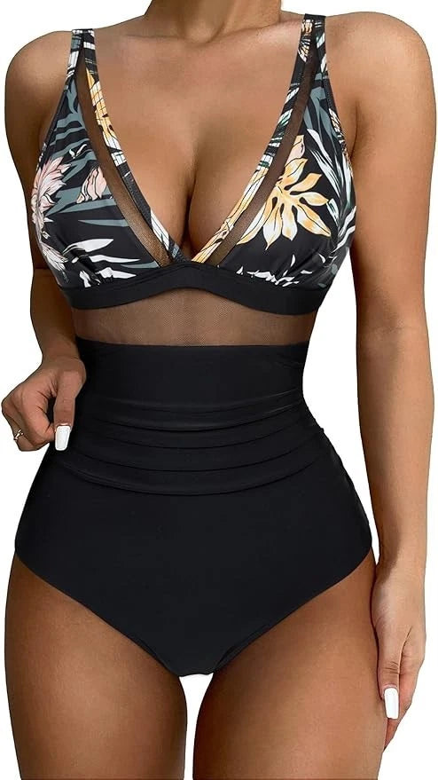 Mesh Swimming Costume (M) - Tummy Control & Removable Padding